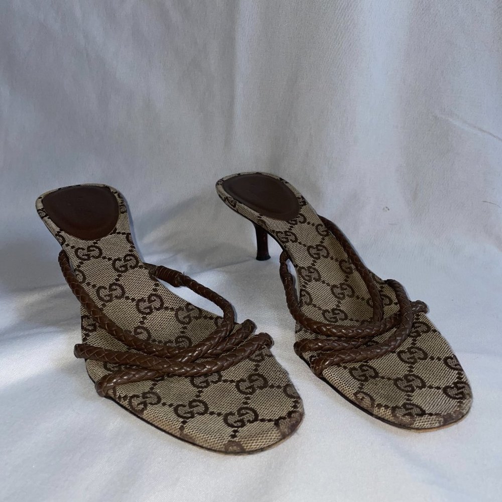 Authentic Gucci Heels Mules GG Monogram Logo Kitten Sandals